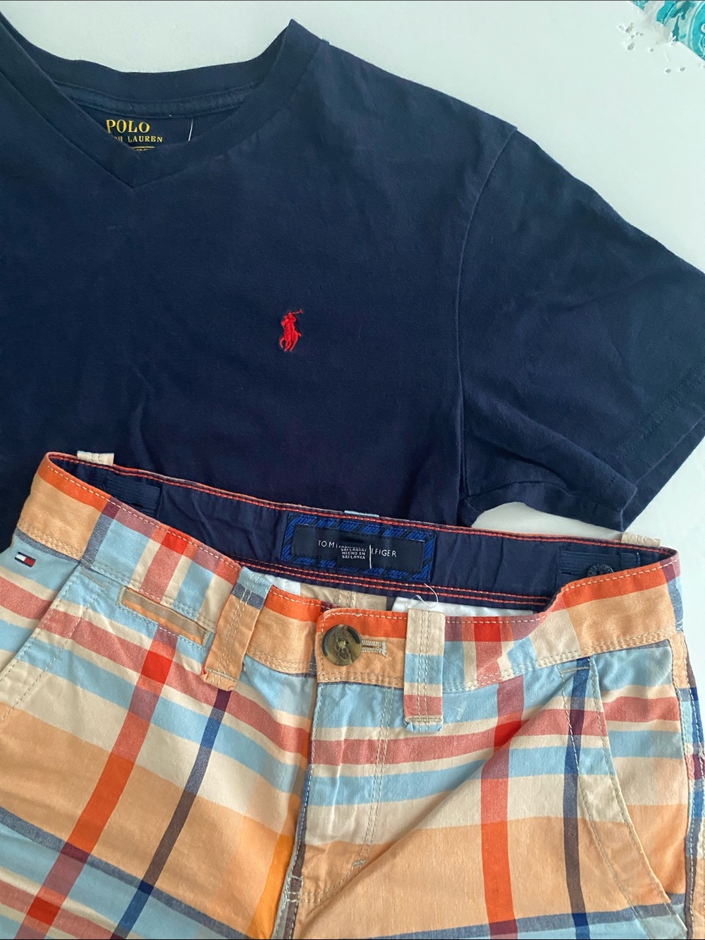 Polo Ralph Lauren Navy V-Neck Tee & Tommy Hilfiger plaid shorts - set